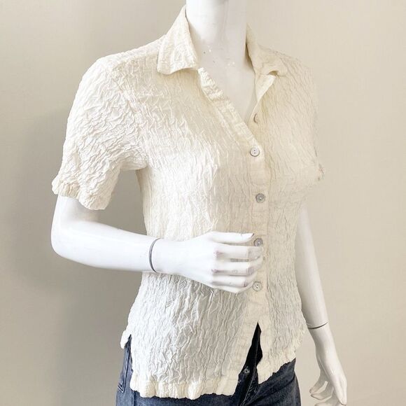 & Other Stories Cream Smocked Short Sleeve Button Down Shirt Shell Style Buttons - Picture 3 of 7